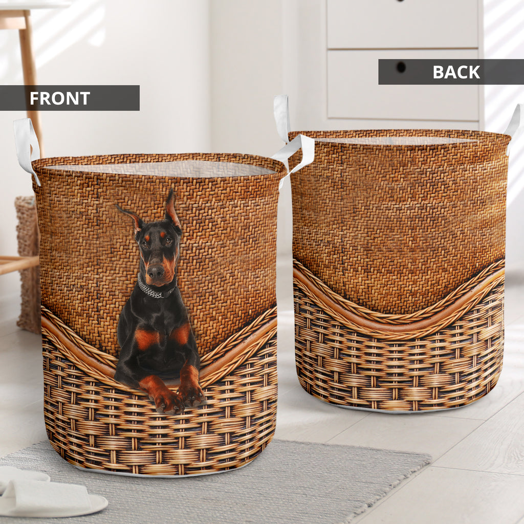 Doberman Pinscher Rattan Texture Laundry Basket