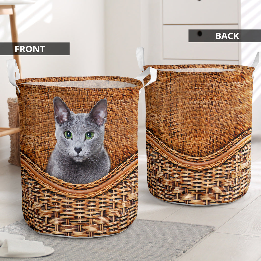 Russian Blue Cat Rattan Texture Laundry Basket