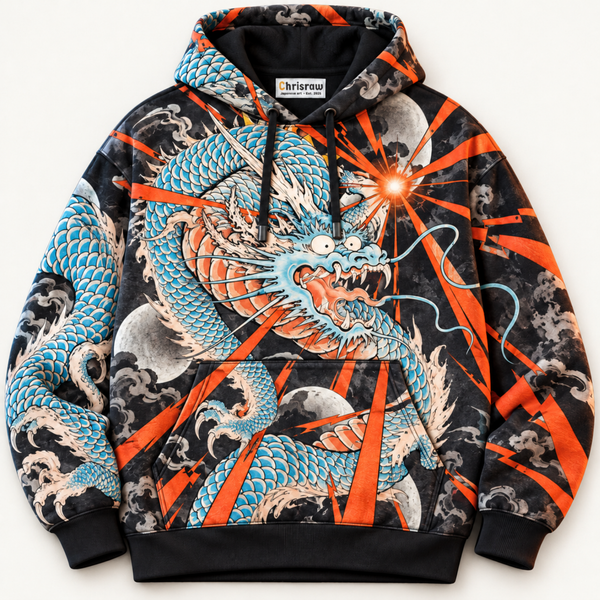 Chrisraw Vermilion Dragon Hoodie — Japanese Ukiyo-e Dragon Tattoo Moon All-Over Print
