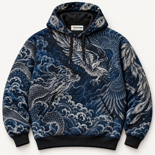 Chrisraw Midnight Guardians Hoodie — Dragon Phoenix Japanese Line Art Indigo All-Over Print