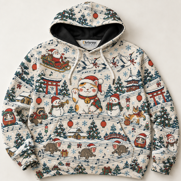 Chrisraw Kurisumasu Hoodie — Japanese Christmas Lucky Cat Snow Monkey All-Over Print
