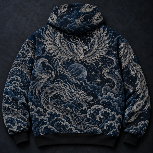 Chrisraw Midnight Guardians Hoodie — Dragon Phoenix Japanese Line Art Indigo All-Over Print