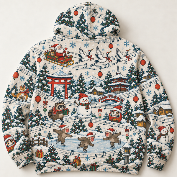 Chrisraw Kurisumasu Hoodie — Japanese Christmas Lucky Cat Snow Monkey All-Over Print