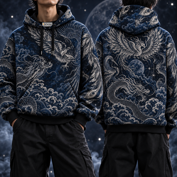 Chrisraw Midnight Guardians Hoodie — Dragon Phoenix Japanese Line Art Indigo All-Over Print
