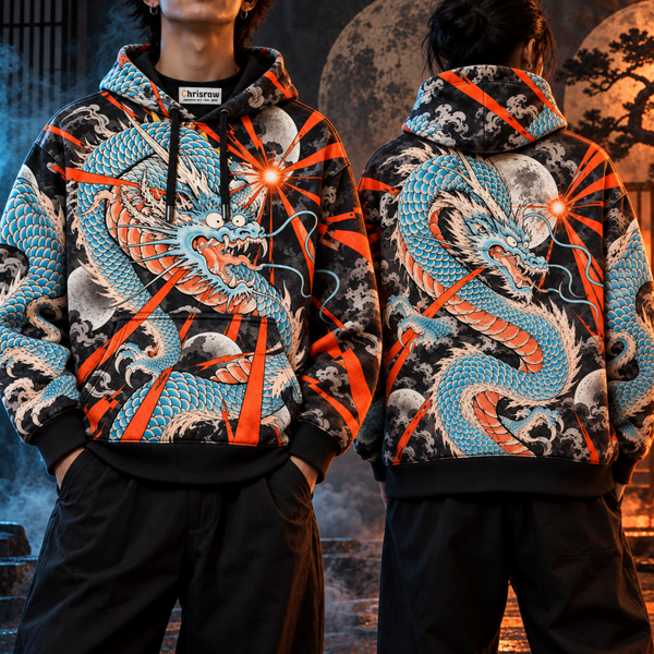 Chrisraw Vermilion Dragon Hoodie — Japanese Ukiyo-e Dragon Tattoo Moon All-Over Print