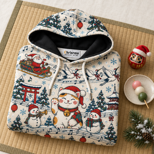 Chrisraw Kurisumasu Hoodie — Japanese Christmas Lucky Cat Snow Monkey All-Over Print