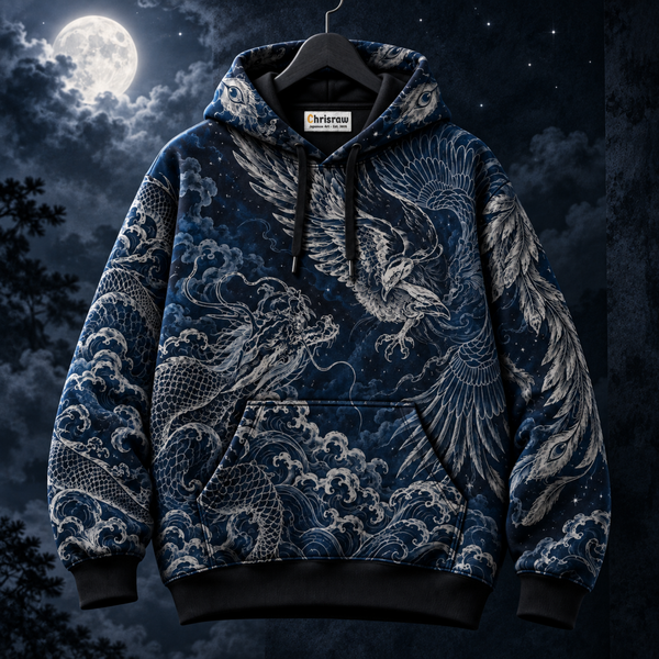 Chrisraw Midnight Guardians Hoodie — Dragon Phoenix Japanese Line Art Indigo All-Over Print