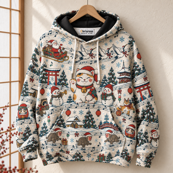 Chrisraw Kurisumasu Hoodie — Japanese Christmas Lucky Cat Snow Monkey All-Over Print