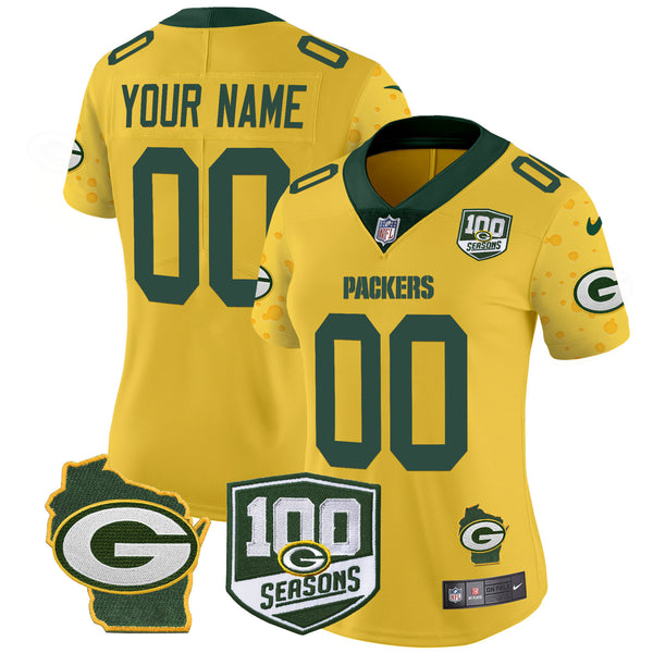 Packers 100th Season & Home Patch Cheese Vapor Limited Custom Jersey – All Stitched