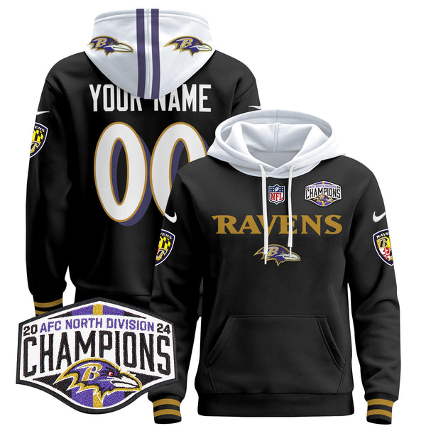 Baltimore Ravens 2024 AFC North Division Champions Patch Custom Pullover Hoodie - All Print