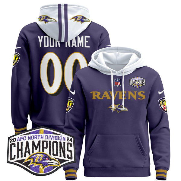 Baltimore Ravens 2024 AFC North Division Champions Patch Custom Pullover Hoodie - All Print