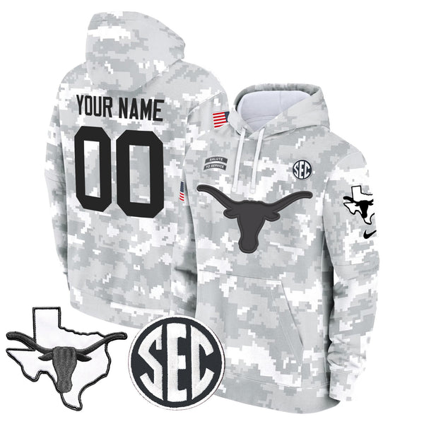 Texas Longhorns 2024 Salute to Service Custom Fleece Pullover Hoodie - All Print