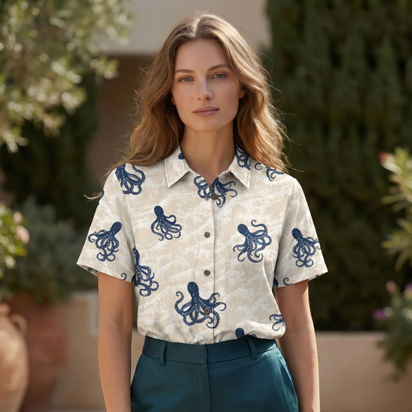 Chrisraw Women's Japanese Octopus Wave Ukiyo-e Short Sleeves Shirt