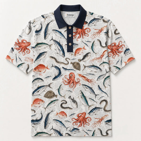 Chrisraw Sakana Polo Shirt — Japanese Fish Market Watercolor Print