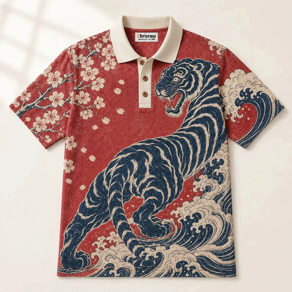 Chrisraw Tora to Nami Polo Shirt — Japanese Tiger and Waves Ukiyo-e Print