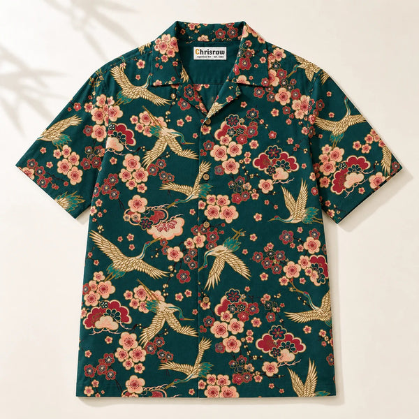 Chrisraw Tsuru to Ume Aloha Shirt — Japanese Crane and Plum Blossom Print