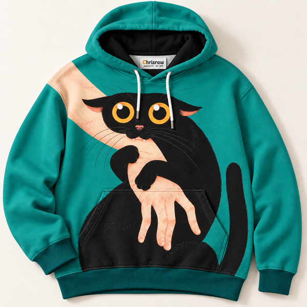 Chrisraw Gabu Hoodie — Black Cat Biting Hand Print