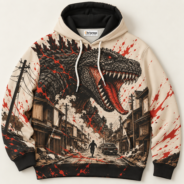 Chrisraw Kaiju Machi Hoodie — Kaiju Over the City Vintage Poster Print