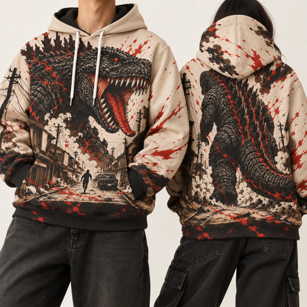 Chrisraw Kaiju Machi Hoodie — Kaiju Over the City Vintage Poster Print