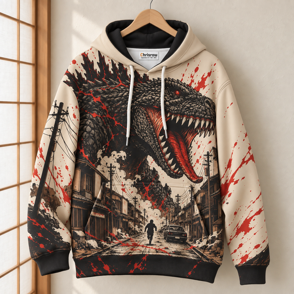 Chrisraw Kaiju Machi Hoodie — Kaiju Over the City Vintage Poster Print