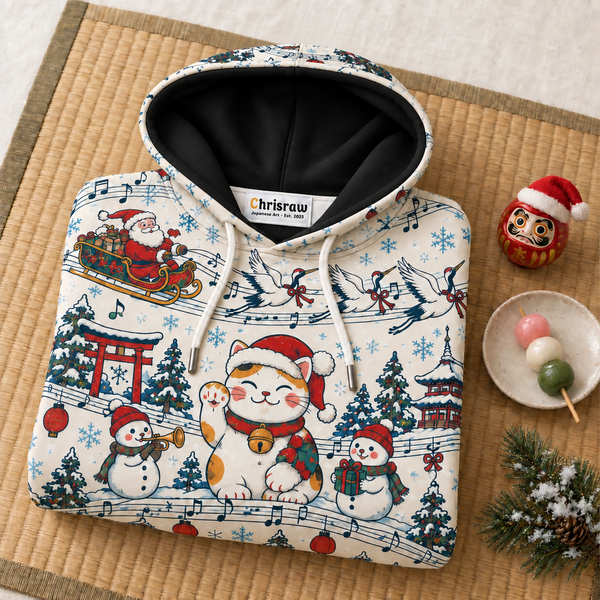 Chrisraw Kurisumasu Hoodie — Japanese Christmas Lucky Cat Snow Monkey All-Over Print