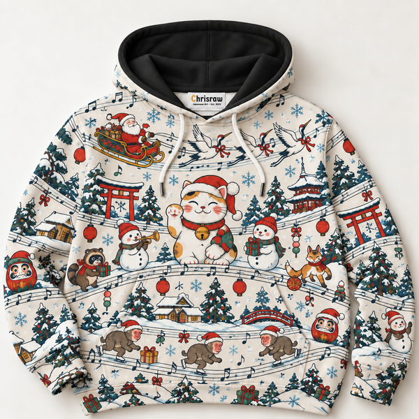 Chrisraw Kurisumasu Hoodie — Japanese Christmas Lucky Cat Snow Monkey All-Over Print