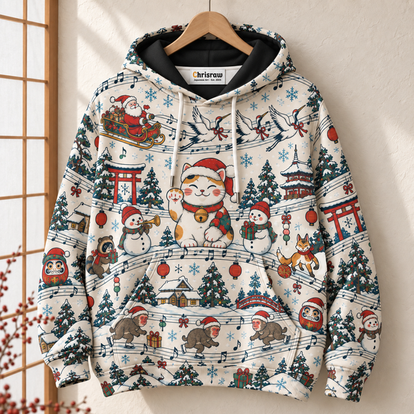 Chrisraw Kurisumasu Hoodie — Japanese Christmas Lucky Cat Snow Monkey All-Over Print