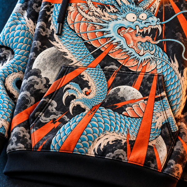 Chrisraw Vermilion Dragon Hoodie — Japanese Ukiyo-e Dragon Tattoo Moon All-Over Print