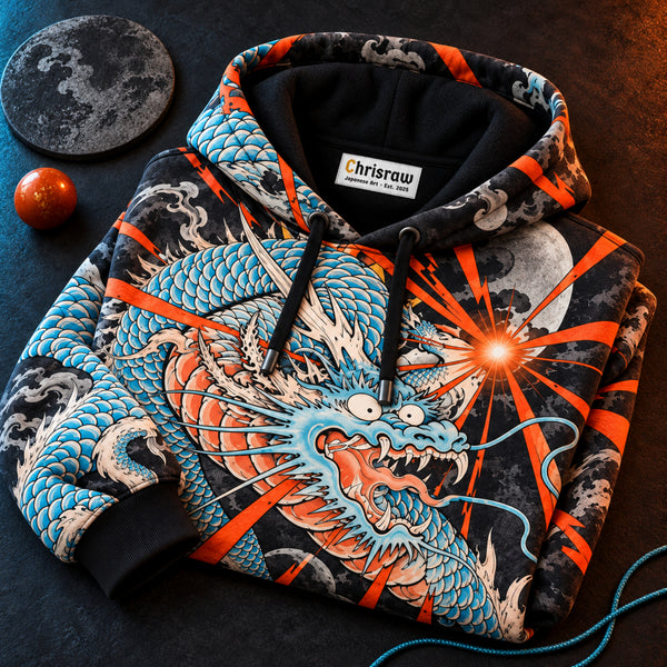 Chrisraw Vermilion Dragon Hoodie — Japanese Ukiyo-e Dragon Tattoo Moon All-Over Print