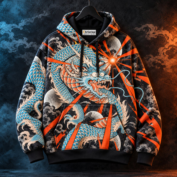 Chrisraw Vermilion Dragon Hoodie — Japanese Ukiyo-e Dragon Tattoo Moon All-Over Print