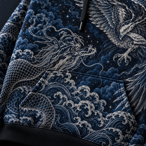 Chrisraw Midnight Guardians Hoodie — Dragon Phoenix Japanese Line Art Indigo All-Over Print