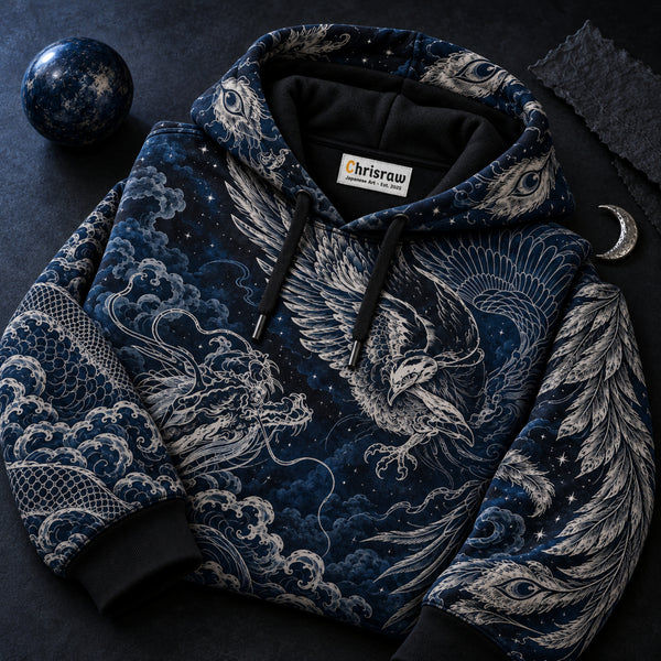 Chrisraw Midnight Guardians Hoodie — Dragon Phoenix Japanese Line Art Indigo All-Over Print