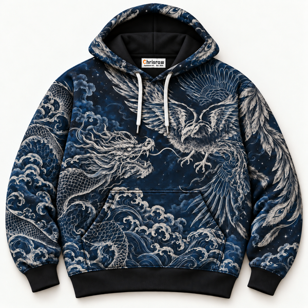 Chrisraw Midnight Guardians Hoodie — Dragon Phoenix Japanese Line Art Indigo All-Over Print