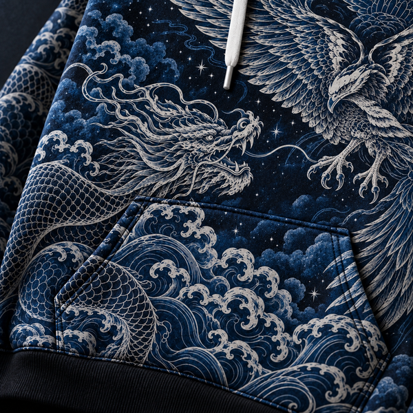 Chrisraw Midnight Guardians Hoodie — Dragon Phoenix Japanese Line Art Indigo All-Over Print