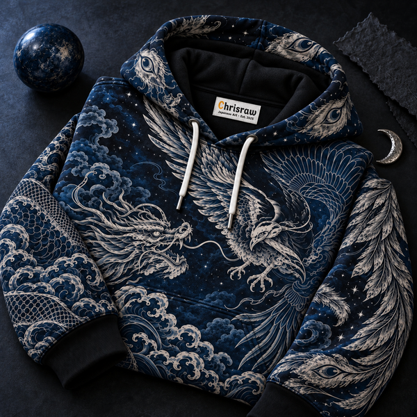 Chrisraw Midnight Guardians Hoodie — Dragon Phoenix Japanese Line Art Indigo All-Over Print