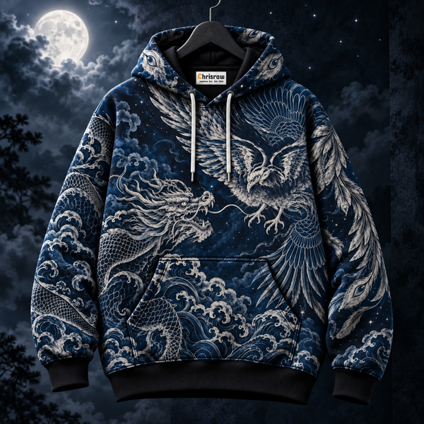 Chrisraw Midnight Guardians Hoodie — Dragon Phoenix Japanese Line Art Indigo All-Over Print
