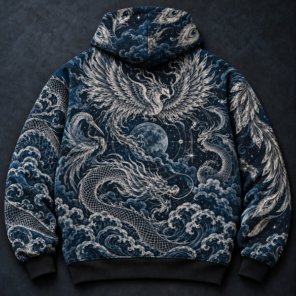 Chrisraw Midnight Guardians Hoodie — Dragon Phoenix Japanese Line Art Indigo All-Over Print