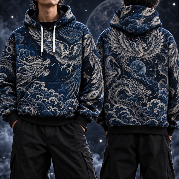 Chrisraw Midnight Guardians Hoodie — Dragon Phoenix Japanese Line Art Indigo All-Over Print