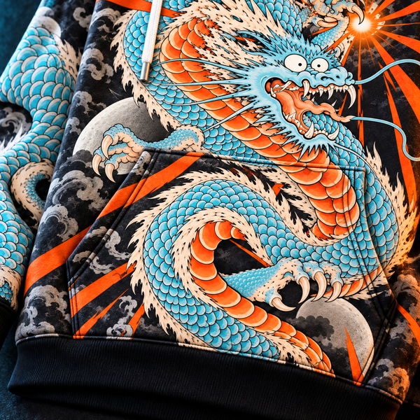 Chrisraw Vermilion Dragon Hoodie — Japanese Ukiyo-e Dragon Tattoo Moon All-Over Print