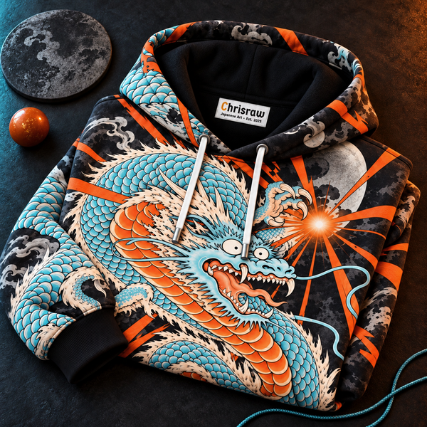 Chrisraw Vermilion Dragon Hoodie — Japanese Ukiyo-e Dragon Tattoo Moon All-Over Print