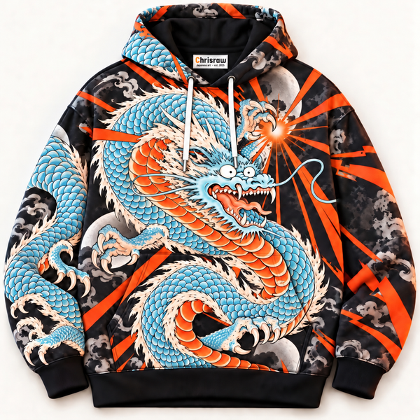 Chrisraw Vermilion Dragon Hoodie — Japanese Ukiyo-e Dragon Tattoo Moon All-Over Print