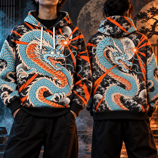 Chrisraw Vermilion Dragon Hoodie — Japanese Ukiyo-e Dragon Tattoo Moon All-Over Print
