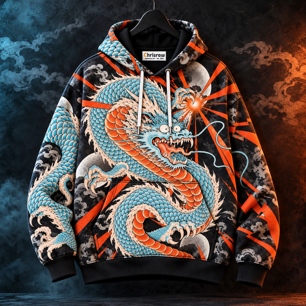 Chrisraw Vermilion Dragon Hoodie — Japanese Ukiyo-e Dragon Tattoo Moon All-Over Print