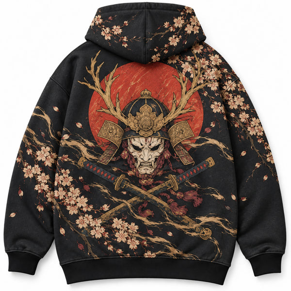 Chrisraw Tsuno Kabuto Hoodie — Antler Samurai Red Moon Print