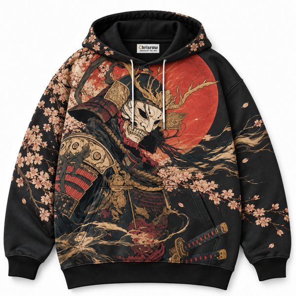 Chrisraw Tsuno Kabuto Hoodie — Antler Samurai Red Moon Print