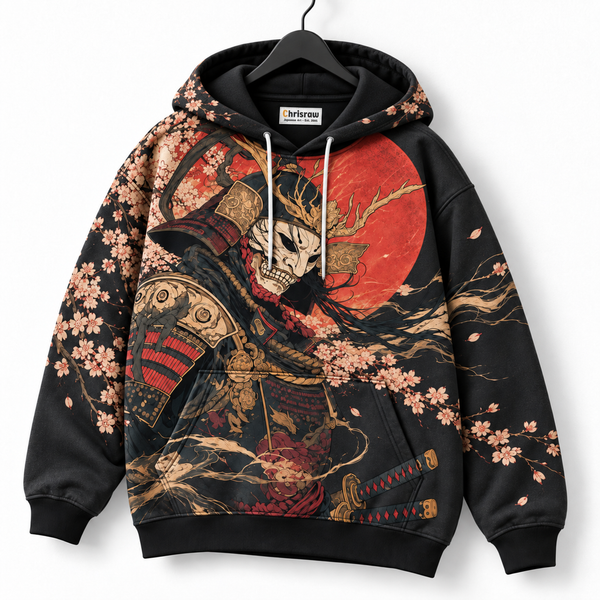 Chrisraw Tsuno Kabuto Hoodie — Antler Samurai Red Moon Print