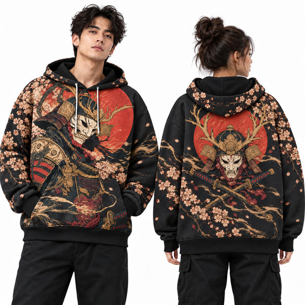 Chrisraw Tsuno Kabuto Hoodie — Antler Samurai Red Moon Print