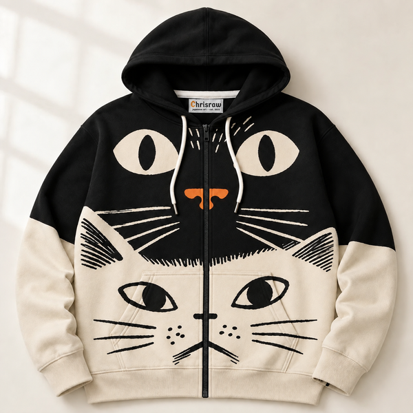 Chrisraw Kuroshiro Hoodie — Black and Cream Cat Face Print