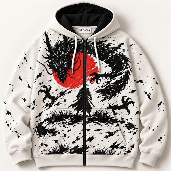 Chrisraw Hinomaru Hoodie — Ink Dragon Red Sun Samurai Print