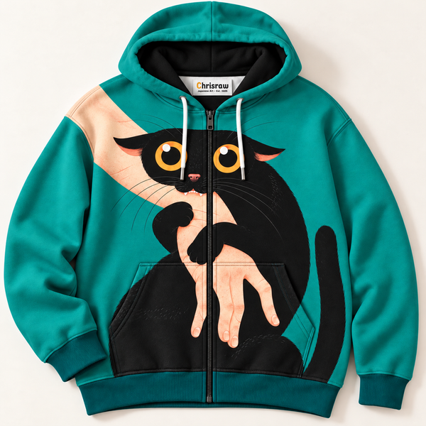 Chrisraw Gabu Hoodie — Black Cat Biting Hand Print